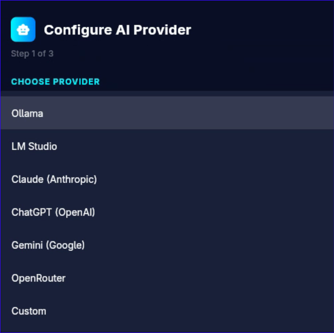 LLM provider setup wizard showing provider selection, base URL, model, and settings