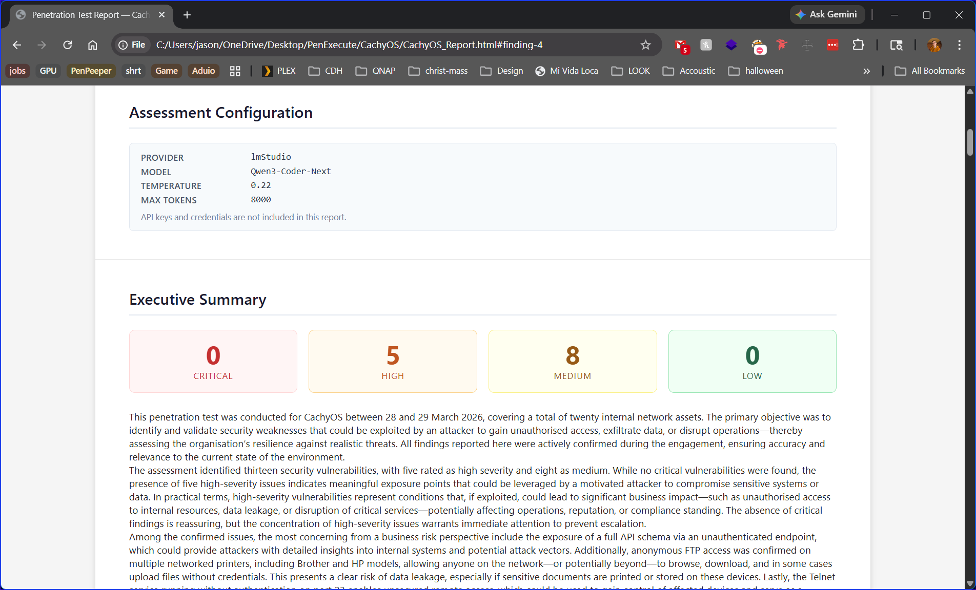 Executive summary with critical, high, medium, low severity counts