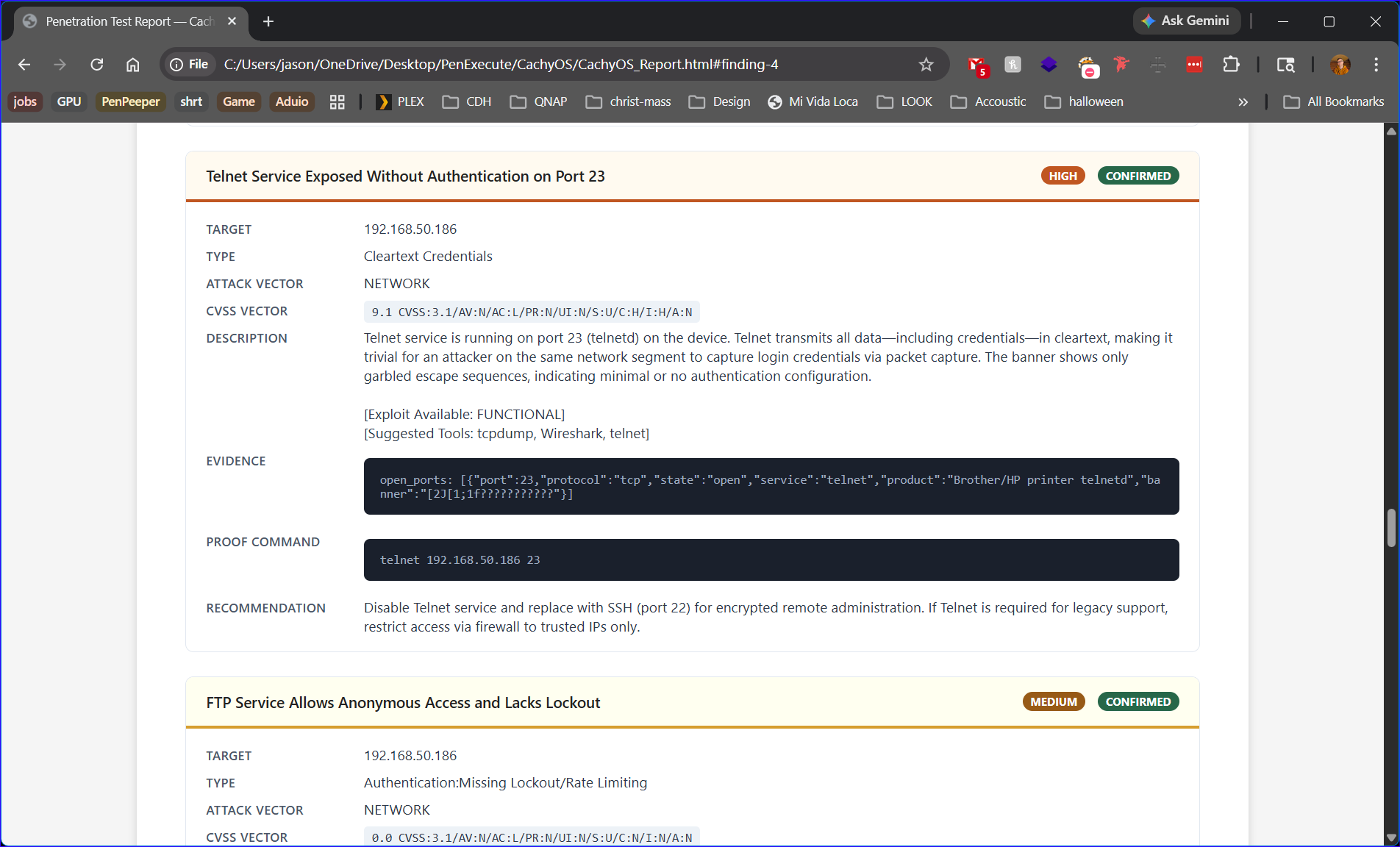 Detailed finding page with evidence, proof command, and recommendation